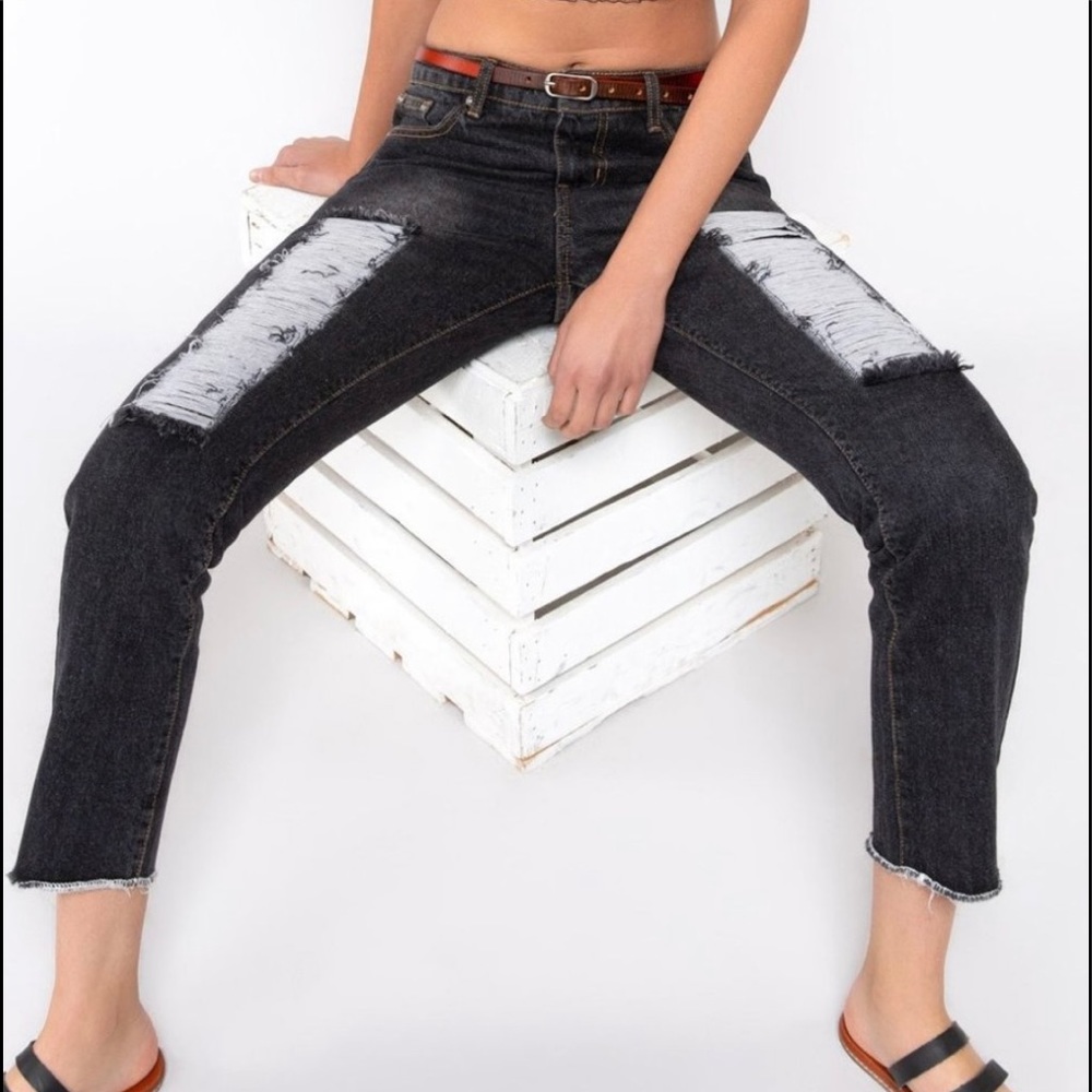 New! POL Black Denim Jeans Distressed w/ Mesh inside